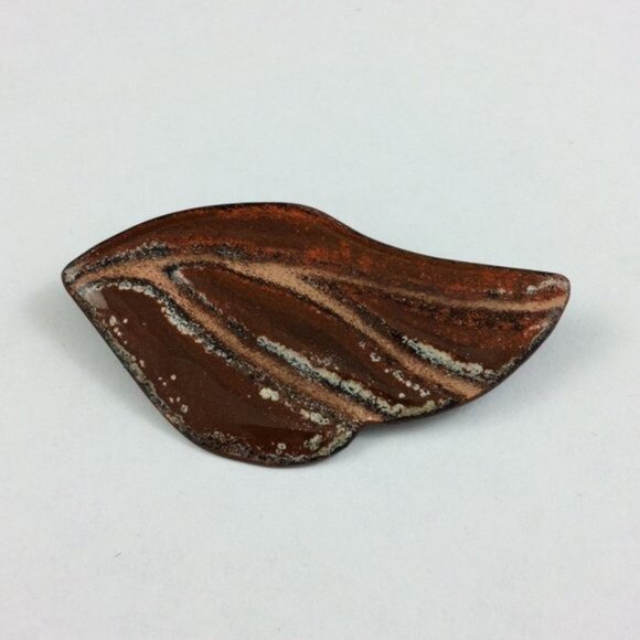 Enamel on Copper Brooch Pin Signed Leaf Wing Abstract Shape B Clark Brown - Picture 1 of 12